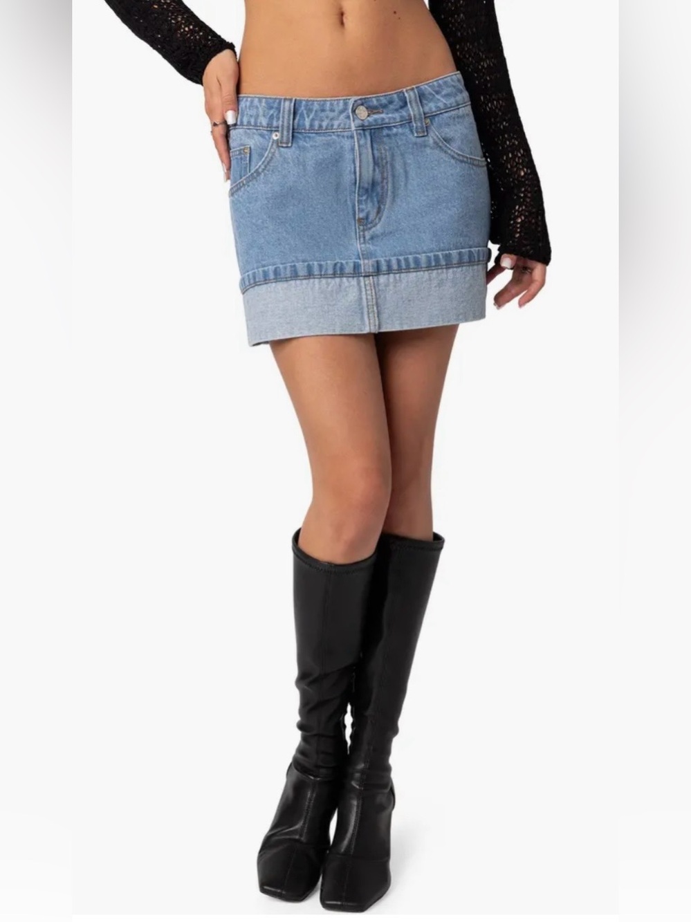 NWT Edikted Denim Mini Skirt with Cuffed Hem - Sz M- Light Blue